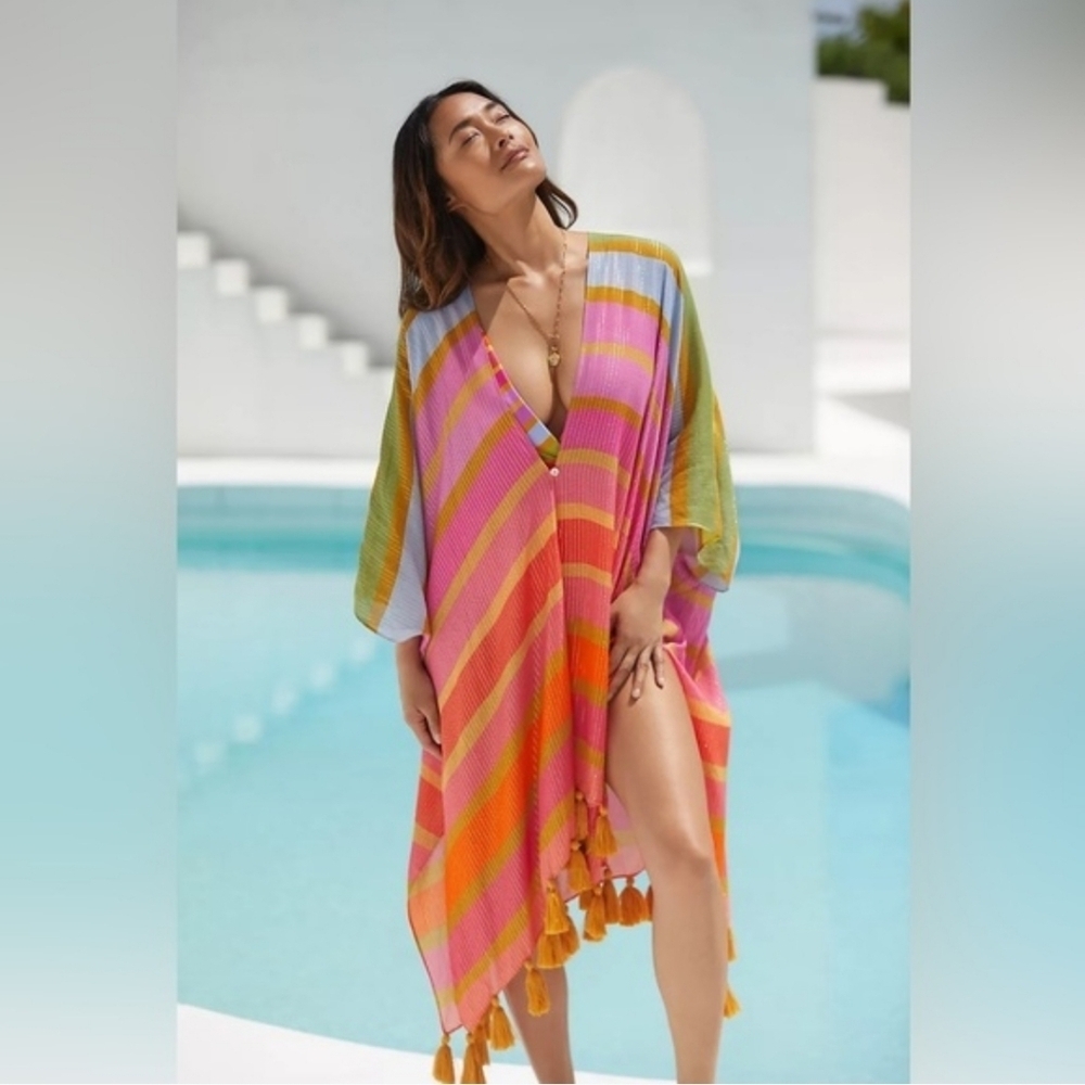 New Farm Rio Shiny Stripes Swim Beach Cover-Up Kaftan Dress One Size NWT